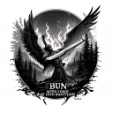 A forest fire rages in a mountain view — a fallen angel plummets, a sword driven through him. Below, the words burn into tattoo design idea