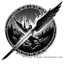 A forest fire rages in a mountain view — a fallen angel plummets, a sword driven through him. Below, the words burn into tattoo design idea