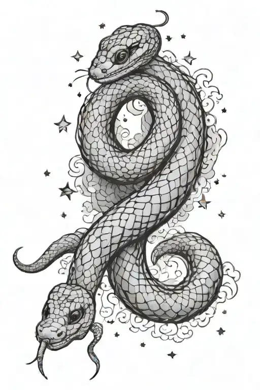 A snake curled around a crescent moon, with stars and clouds in the background, blending into a night sky theme. tattoo design idea