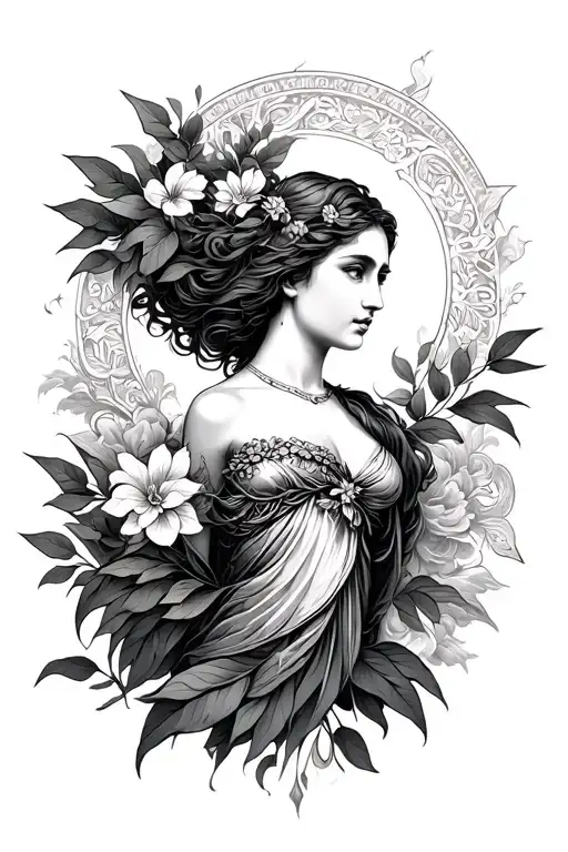 Greek mythology goddess that means safety and protection with plants and shading clouds tattoo design idea