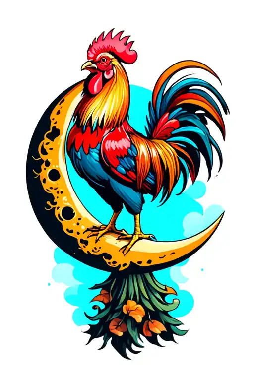 cool rooster on the moon tattoo design idea