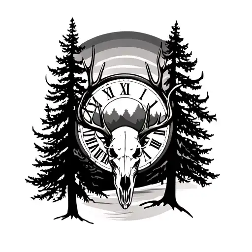 pine trees,forest, sunset,clock, deer skull tattoo design idea