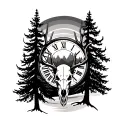 pine trees,forest, sunset,clock, deer skull tattoo design idea