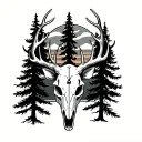 pine trees,forest, sunset,clock, deer skull tattoo design idea