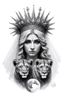 black & grey realism- greek goddess with light color hair, wearing crown with veil flowing oveeyes, 2 lion cubs and moon tattoo design idea