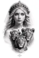 black & grey realism- greek goddess with light color hair, wearing crown with veil flowing oveeyes, 2 lion cubs and moon tattoo design idea