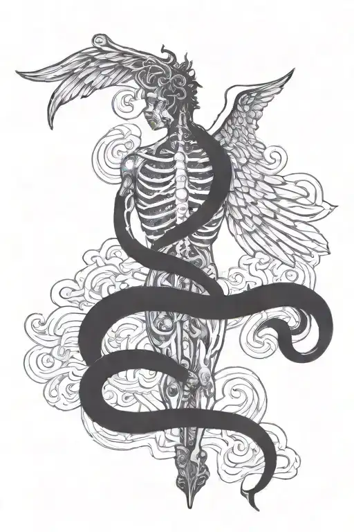 caduceus Hermetic  on the back Male boddy running on the spine tattoo design idea