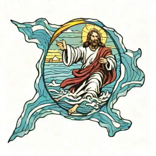 light shinning throw glass window mural of Jesus walking on water tattoo design idea