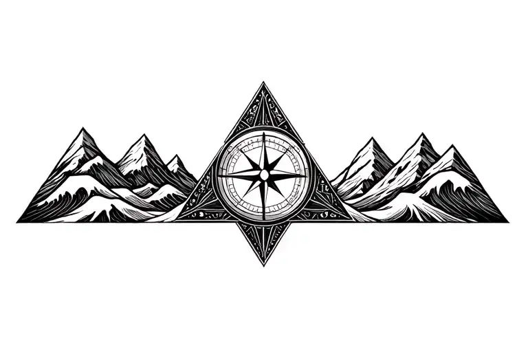 large compass surrounded by intricate geometric mountains and waves, black and white, add triangle frame tattoo design idea