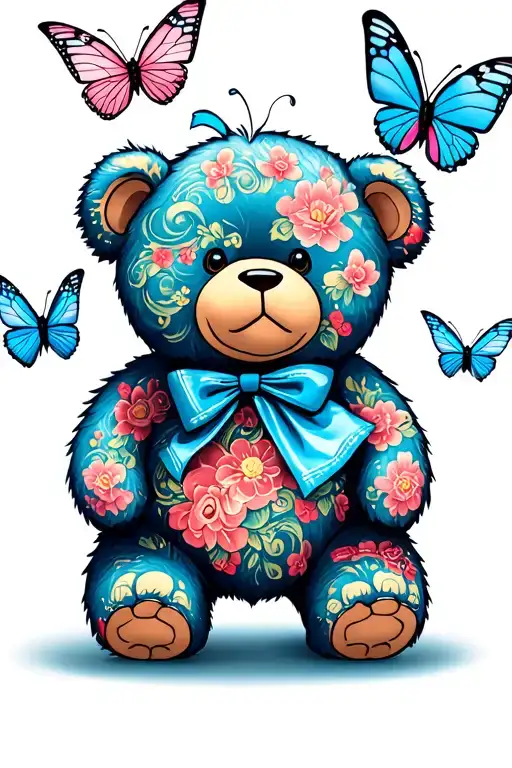 Happy teddy bear with 2 blue butterflies and 2 pink butterflies buzzing around tattoo design idea