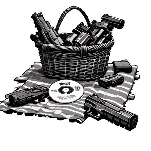 picnic blanket with basket of nerf guns and cd disk of slipknot and chevelle tattoo design idea