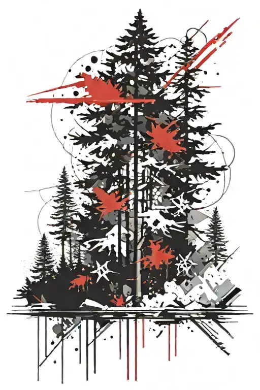 lush forest of tall fir trees with a lake and superimposed on geometric lines tattoo design idea