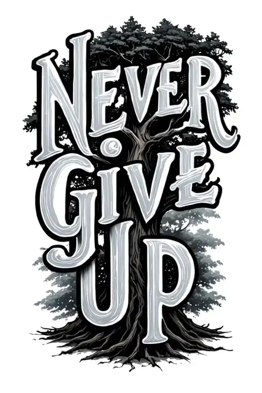 "Never Give Up" Tree text written tattoo design idea