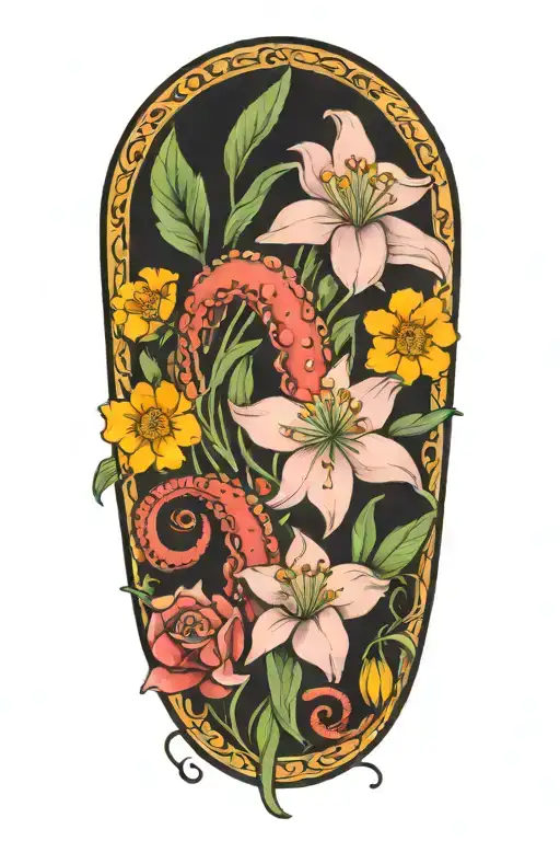 snowdrop, rose, marigold, octopus tentacles tattoo design idea