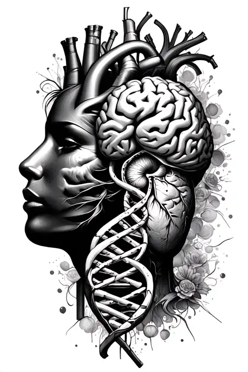 Brain, DNA, heart, half mask half a real face. Overthinking/growing tattoo tattoo design idea