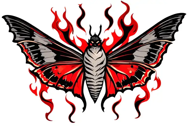Style: American Traditional (less cartoonish) Flame.Colors: Red, black, grey, white.Placement: Behind the moth tattoo.Sh tattoo design idea