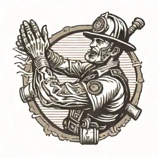 Create a tattoo of a firefighter reaching out to grab the hand of an old school navy deep sea diver  tattoo design idea