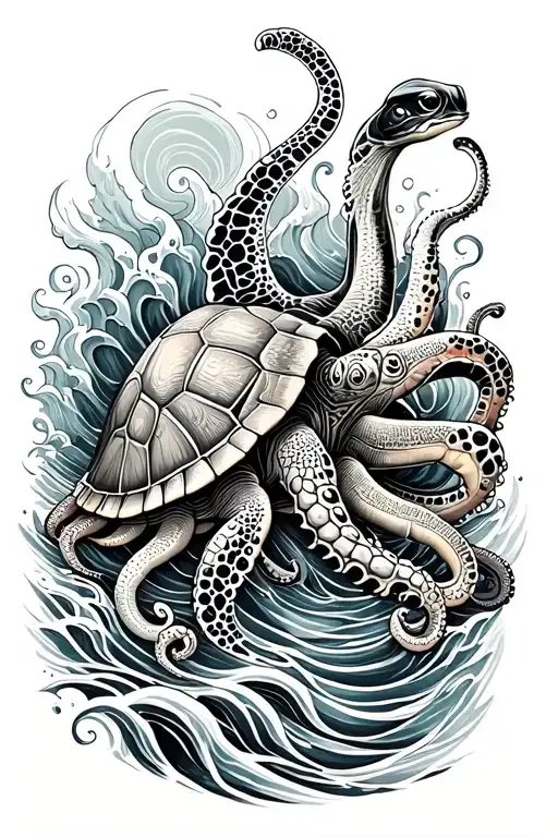ocean, waves, turtle, octopus tattoo design idea