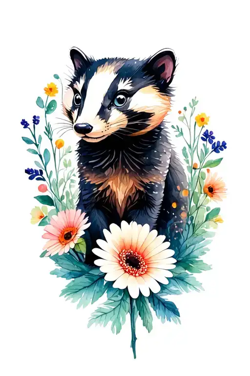 badger, cat, gerbera, delicate flowers tattoo design idea