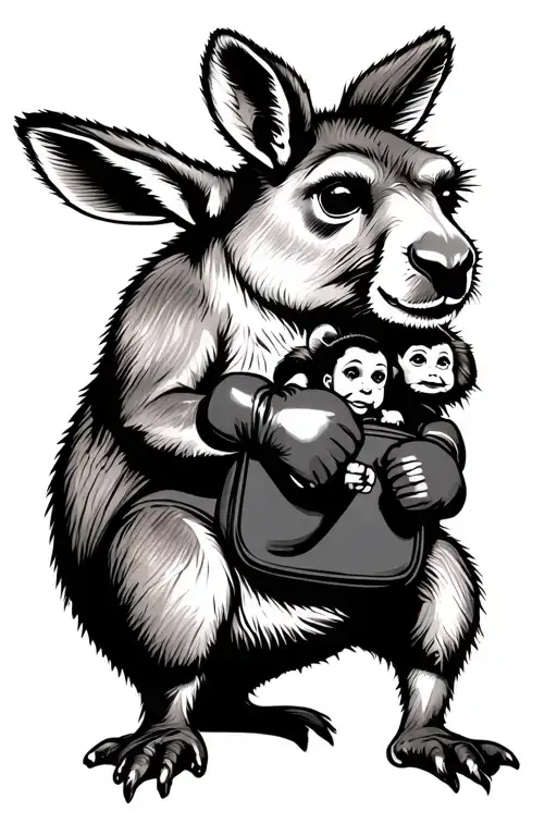 boxing dad kangaroo with baby in dads pouch. baby monkey with gloves on dads back also they represent the fathers sons tattoo design idea