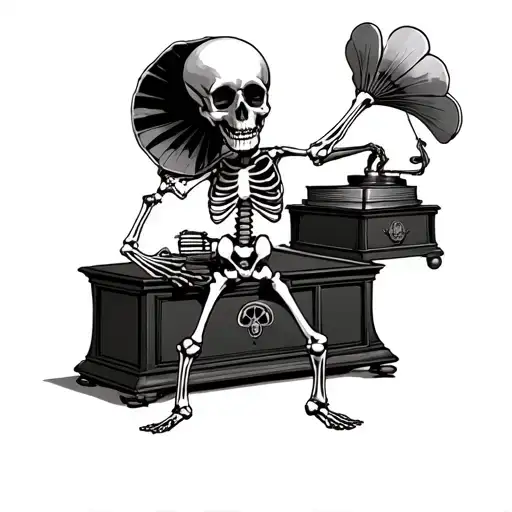 Dancing Grateful Dead Skeleton in front of gramophone surrounded my music tattoo design idea