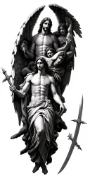 angels with swords surrounding Micheal with Jesus above everyone. full leave  tattoo design idea