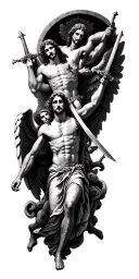 angels with swords surrounding Micheal with Jesus above everyone. full leave  tattoo design idea