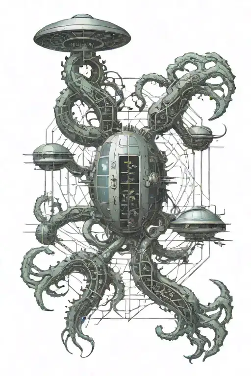 Dystopian matrix code embedded with spacecraft with tenticles tattoo design idea