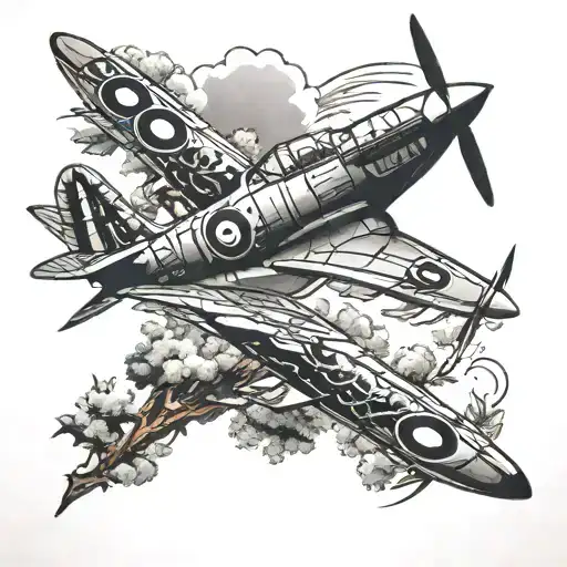 bonsai tree and spitfire fighter plane tattoo design idea