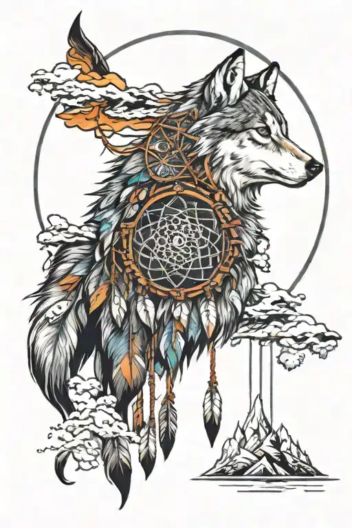 Native American dreamcatcher, wolves and thunderstorm over snowy mountains tattoo design idea