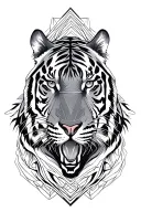 Two symmetrical tigers facing each other, black and grey linework, cyber sigilism elements, geometric frame, ornamental  tattoo design idea
