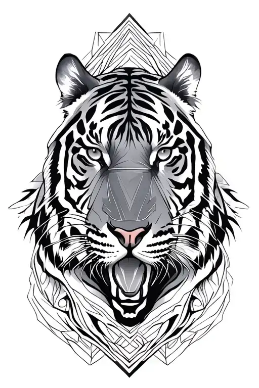 Two symmetrical tigers facing each other, black and grey linework, cyber sigilism elements, geometric frame, ornamental  tattoo design idea