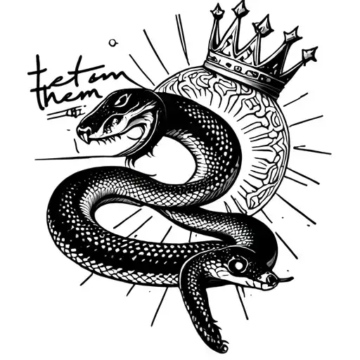 Sexy snake wearing a crown and eating "let them" with a sun in the background tattoo design idea
