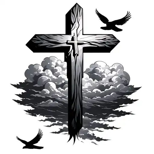 cross with clouds and birds flying away tattoo design idea