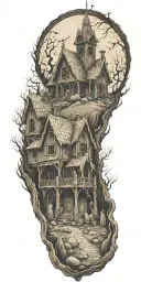 cemetary haunted house viking tattoo design idea