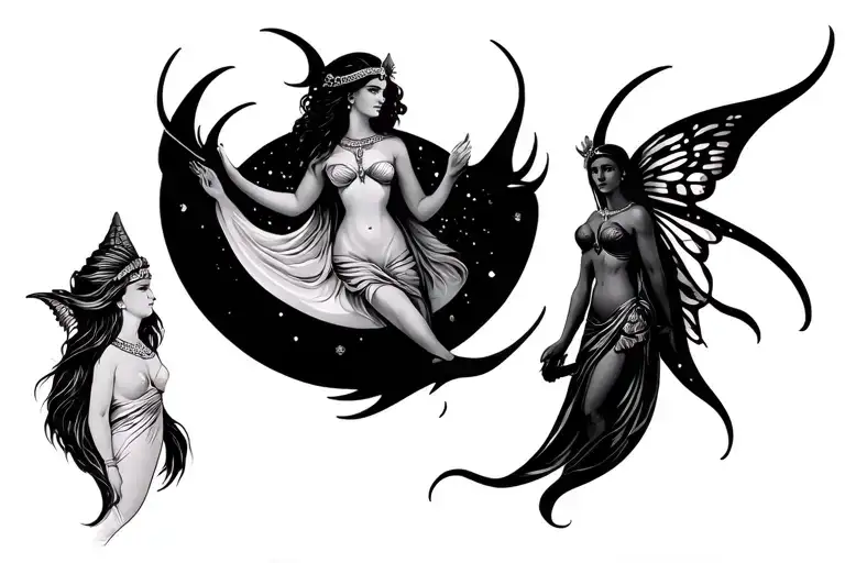 Fairy and Sereiasol on top and moon loose backgrounds (3) stylized stingray fluindomedus, aphrodite and cleopatra tattoo design idea