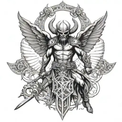 arc angel michael kiling satan, cross, spear tattoo design idea