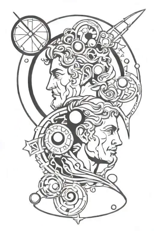 roman god Janus with planets orbiting each other tattoo design idea