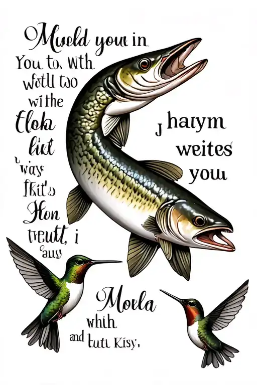 a quote with a northern pike and hummingbird perched tattoo design idea