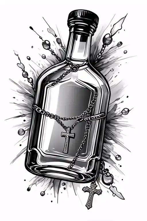 Create a sketch of tattoo, the tattoo will be a glass vodka bottle with 2 necklaces with cross pendants sw tattoo design idea