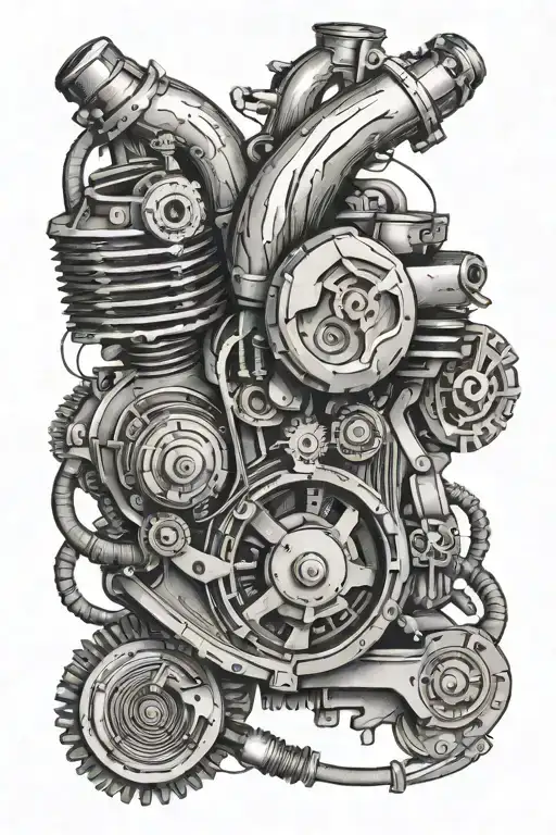 mechanical heart driven by a crankshaft with spark plugs pistons and a turbo around it  tattoo design idea