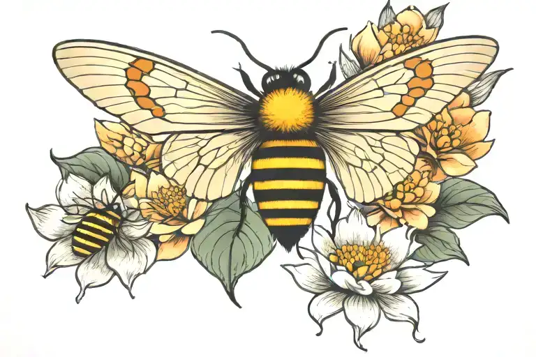 bee, butterfly, and moth on a lotus flower tattoo design idea