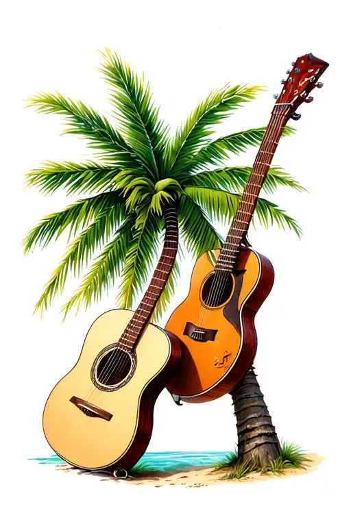 classical guitar leaning against a palm tree, a number 47 tattoo design idea
