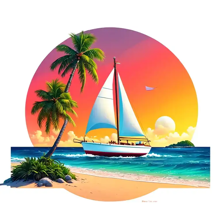 "Monica" "Monica" bubble  foreground white sailboat, sunrise sky small background distant island 2 palm tree  ocean vibrant beach tattoo design idea