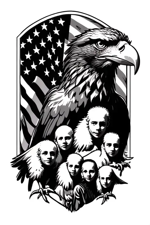 eagle, American flag waving, family silhouette tattoo design idea
