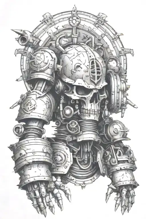 Warhammer 40,000, Adeptus Mechanicus style sleeve tattoo, must be black and white, includes technolingua tattoo design idea