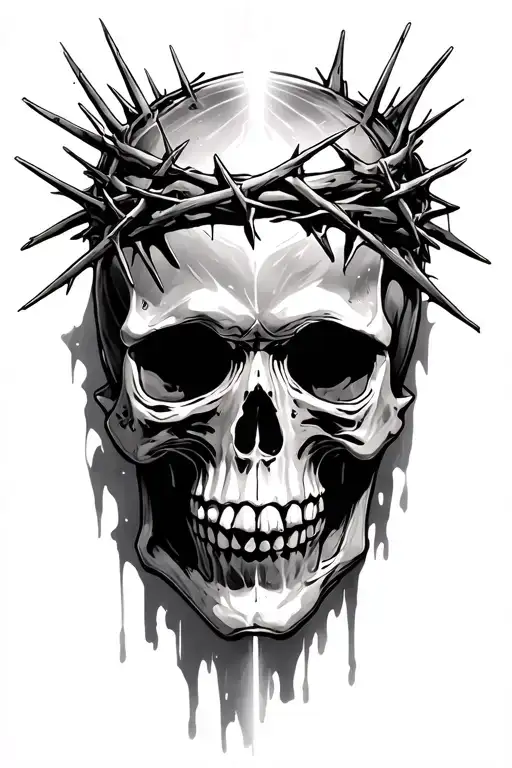skull with crown of thorns wrapped with light shinning down on it tattoo design idea