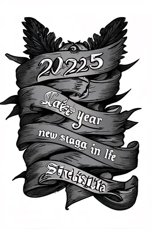 Generate a chest tattoo sketch on the topic: 2025 year new stage in life. Inscription in Georgian. tattoo design idea