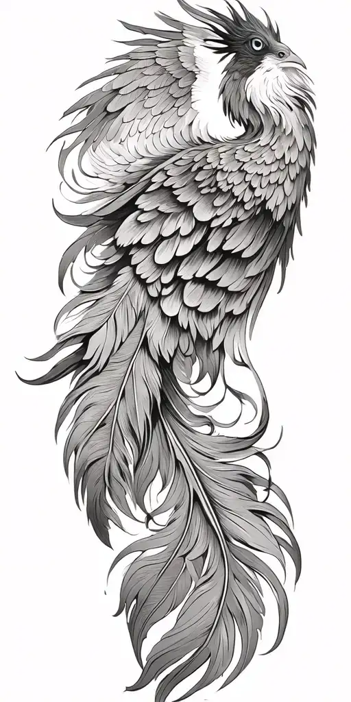 Phoenix, bird wings spread peacock feather tail tattoo design idea