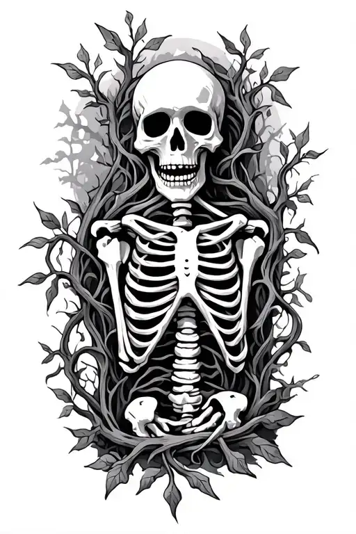 skeleton wrapped in vines with a graveyard scenery  tattoo design idea